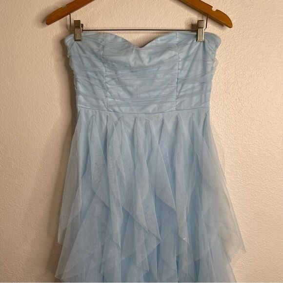 Lulus Delightful Beauty Blue Mesh Strapless Ruched Ruffled Maxi Dress Medium - Picture 3 of 6